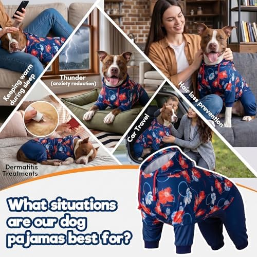 LovinPet Big Dogs Jammies, Dog Bodysuit, Floral Navy & Red Print, M