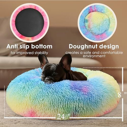 Dogs Bed for Small Dogs, Anti-Anxiety Washable Round Bed (24in Rainbow)