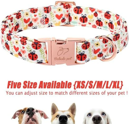 Cute Dog Collar for Puppy Small Dogs - Red Ladybug & Blooms Dog Collars, Adjustable Heavy Duty Pet Collar for Dog Moms & Kids with Metal Buckle XS