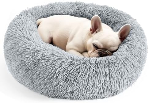 Hoewina Dog & Cat Bed for Indoor Cats, 20in Calming Donut Bed (Light Grey)
