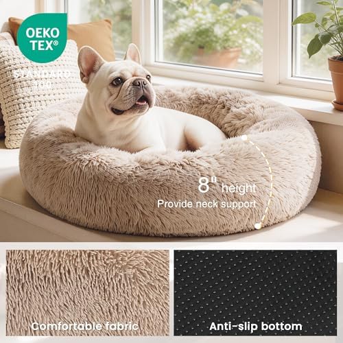 Love's cabin Calming Cat Bed for Indoor Cats, Anti-Anxiety Donut Round Dog Bed,Fluffy Faux Fur Washable Pet Bed for Small Medium Dogs and Cats, Taupe, 24in