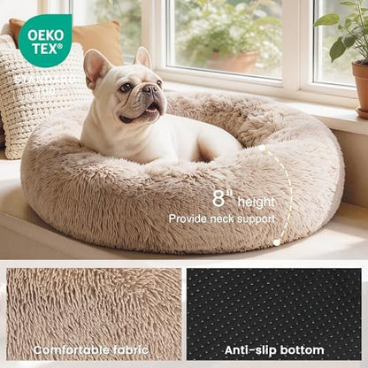 Love's cabin Calming Cat Bed for Indoor Cats, Anti-Anxiety Donut Round Dog Bed,Fluffy Faux Fur Washable Pet Bed for Small Medium Dogs and Cats, Taupe, 24in