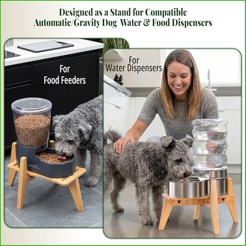 Dog Water and Food Dispenser Stand for Medium Dogs - Adjustable, Bamboo