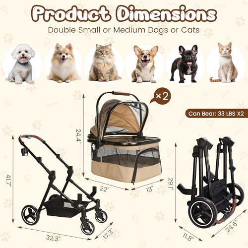 Foldable Double Pet Stroller for 2 Small Medium Cats Dogs