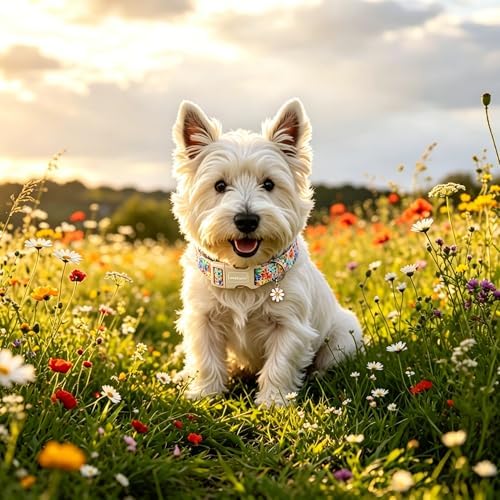 Lionet Paws Floral Dog Collar Summer Wildflowers Cosmos Corn Poppy Collars with White Daisies Pattern Pendant - Female Girl Dog Collar for Small Medium Dogs XS