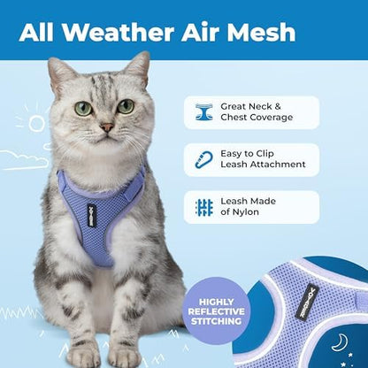 Voyager Escape-Proof Step-in Lock Cat Harness & 5ft Neoprene-Handle Leash Set All-Weather Mesh with Reflective Stitching for Small to Large Cats by Best Pet Supplies, Lavender (327), XS
