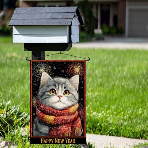 Happy New Year Garden Flag 12x18 Double Sided Vertical Linen Small Fireworks American shorthair Cat House Flag Welcome Holiday Winter House Outdoor Outside Decorations (27172)