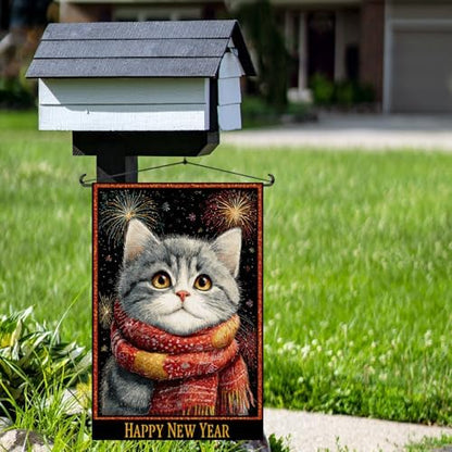 Happy New Year Garden Flag 12x18 Double Sided Vertical Linen Small Fireworks American shorthair Cat House Flag Welcome Holiday Winter House Outdoor Outside Decorations (27172)