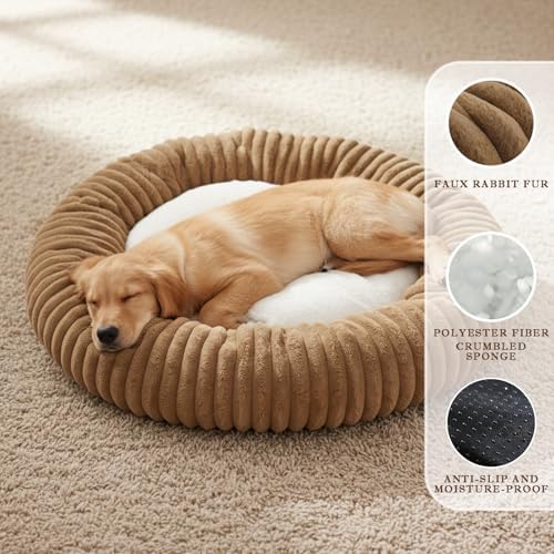 Short Plush Dog Bed Donut, Ultra-Soft & Machine Washable Dog Beds, Durable Round Calming Pet Bed for Cats and Small, Medium, Large Dogs (Coffee Brown, Large)