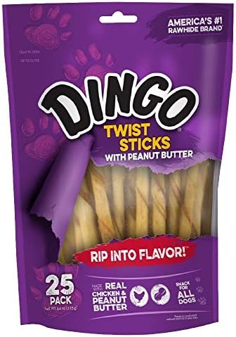 Dingo Twist Sticks Rawhide Dog Treat with Peanut Butter, 25 Count