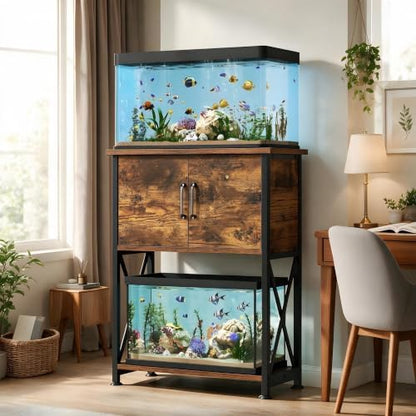 Herture 5-10 Gallon Fish Tank Stand, Metal Double Aquarium Stand with Cabinet for Fish Tank Accessories Storage, Heavy Duty 20.5" L* 11.02" W Tabletop, 500LBS Capacity Rustic Brown and Black PG06YGN