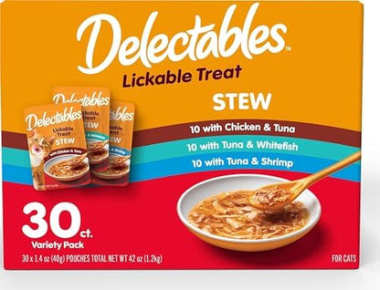 Delectables Lickable Treat Stew Wet Cat Treat Variety Pack, Food Topper, Hydrating, Grain-Free, No Fillers, No By-Products, No Added Preservatives, 1.4oz Pouch, 30ct