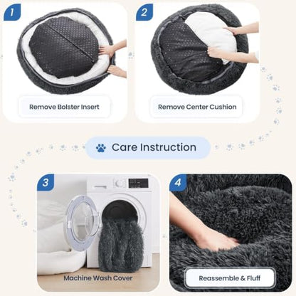 JOLLYVOGUE Calming Washable Dog Bed Medium Size Dog, 31 Inch Donut Medium Dog Bed with Removable Cover, Anti-Slip Round Fluffy Faux Fur Bed, Fits up to 45 lbs Pets, Dark Grey