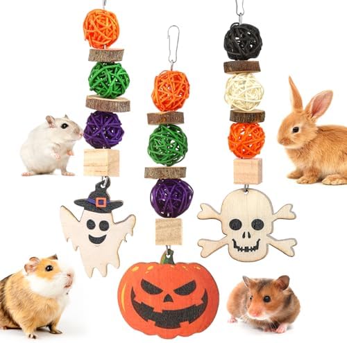 FiveBull Bunny Chew Toys, Natural Guinea Pig Toys,3pcs Perfect Chews Hanging Wood Chew Toy for Pet Rabbits Guinea Pigs Chinchillas Hamsters Rats and Other Small Animals Teeth Grinding Halloween Themed