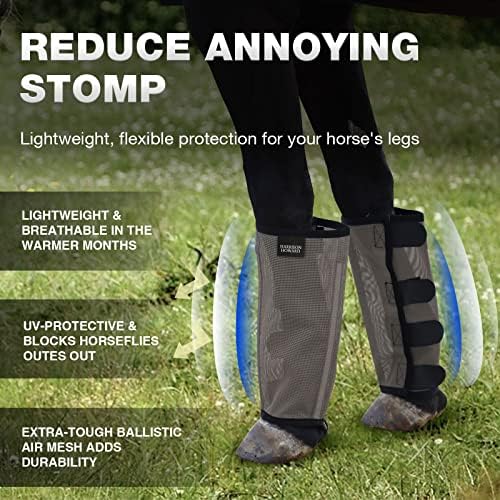 Harrison Howard Loose Fitting Fly Boots UV-Protective Extra Tough Mesh Ventilated Four Fasteners Stay-on Design Protect Horse Legs & Stomp-Reducing Set of 4 Dark Grey Pony