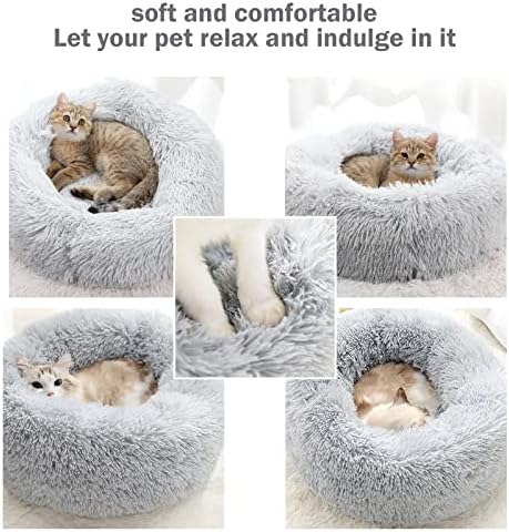 Calming Dog Cat Donut Bed - 23.6" Washable Fluffy Dog Beds, Round Cute Cat Beds for Indoor Cats, Anti Anxiety Plush Cuddler Dog Pillow, Pet Cushion for Small Medium Dogs, Waterproof Non-Slip Bottom