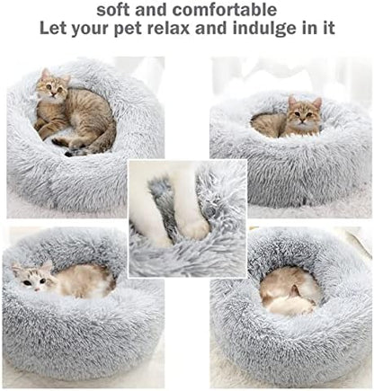 Calming Dog Cat Donut Bed - 23.6" Washable Fluffy Dog Beds, Round Cute Cat Beds for Indoor Cats, Anti Anxiety Plush Cuddler Dog Pillow, Pet Cushion for Small Medium Dogs, Waterproof Non-Slip Bottom