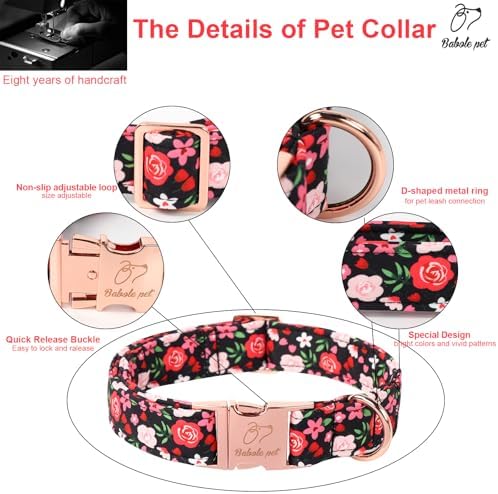 Floral Dog Collar - Rose Red Wild Flowers Pattern Cute Puppy Collar, Adjustable Winter Holiday Metal Buckle Dog Collars for Small Medium Large Dogs XS