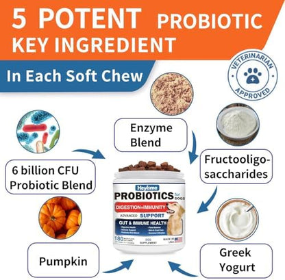 Probiotics for Dogs, Improve Yeast Balance, Itchy Skin Itchy Ears, Gut Health, Allergies, Immunity, Dog Probiotics and Digestive Enzymes with Prebiotics - Reduce Diarrhea (180 Chews, Bacon)