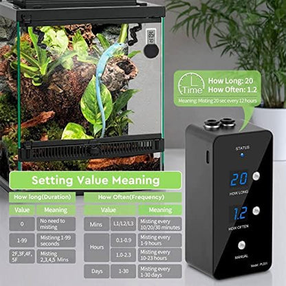 moistenland Reptile Humidifier, Misting System for Terrariums, Automatic with Adjustable Spray Nozzles, Black
