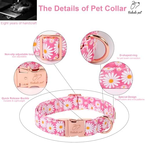 Pink Daisy Dog Collar, Cute Spring Flower Female Pet Collar with Metal Buckle, Soft Adjustable Designer Dog Collars for Small Medium Large Dogs M