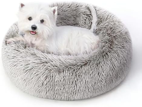 Calming Round Dog Bed & Cat Bed with Anti-Slip Bottom, Medium Size Washable Anti-Anxiety Donut Dog Beds for Small Dogs & Cats, Fluffy Plush Soft Dog Bed(24 Inch, Brown)