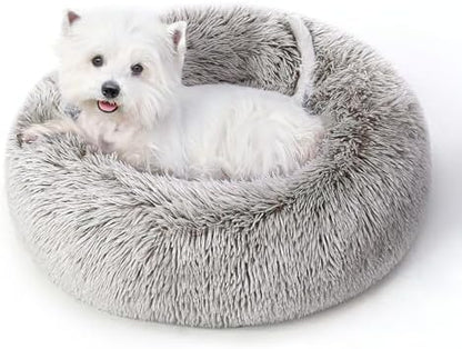 Calming Round Dog Bed & Cat Bed with Anti-Slip Bottom, Medium Size Washable Anti-Anxiety Donut Dog Beds for Small Dogs & Cats, Fluffy Plush Soft Dog Bed(24 Inch, Brown)