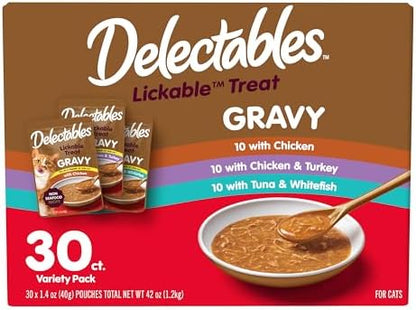Delectables Lickable Treat Gravy Variety Wet Cat Treat & Food Topper, Food Topper, Hydrating, Grain-Free, No Fillers, No by-Products, No Added Preservatives, 1.4oz Pouch, 30 Pack