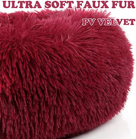otoez Kitten Puppy Bed Small Round Dog Cat Beds Anti Anxiety Plush Pet Calming Donut Bed with Non-Slip Waterproof Bottom, Washable (19.7", Dark Red)