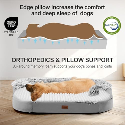 iweepet Fluffy Calming Orthopedic Dog Beds for Medium & Large Dogs, Supportive Dog Sofa Bed with 3.7 inch 28D Egg-Crate Foam, Removable Washable Plush Cover, Waterproof Lining, 41'',Grey