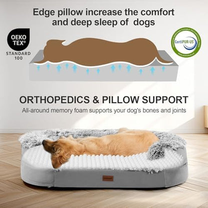iweepet Fluffy Calming Orthopedic Dog Beds for Large & Extra Large Dogs, Supportive Dog Sofa Bed with 3.7 inch 28D Egg-Crate Foam, Removable Washable Plush Cover, Waterproof Lining,44’’,Grey