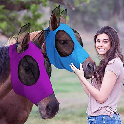 Weewooday 2 Pcs Horse Fly Mask with Ears, Soft Stretchy Horses Face Masks for Flies, Breathable Mesh Eye Cover, UV Protection Horse Masks for Pasture, Barn, Turnout(L,Purple, Blue)