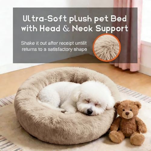 Comfort Donut Dog Bed for Small Dogs, Cat Bed & Pet Bed for Indoor Use, Medium Size with Soft Plush, Round Dog Beds for Large Dogs and Cats (Khaki, 20''Lx20''Wx8''Th)