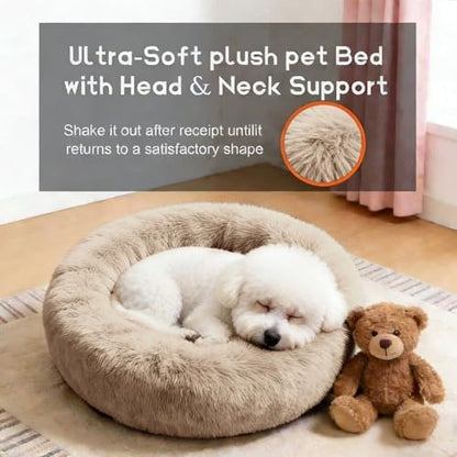 Comfort Donut Dog Bed for Small Dogs, Cat Bed & Pet Bed for Indoor Use, Medium Size with Soft Plush, Round Dog Beds for Large Dogs and Cats (Khaki, 20''Lx20''Wx8''Th)