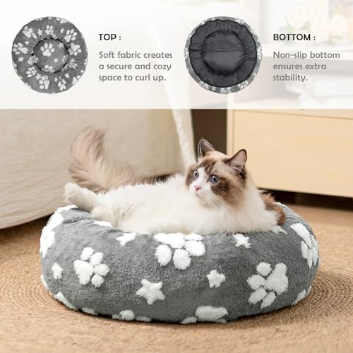 Round Cat Beds for Indoor Cats, Small Donut Dog Beds, Grey, 20"