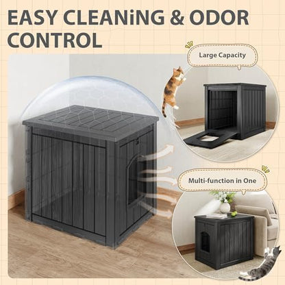 Cat Litter Box Enclosure, Plastic Outdoor Cat House Weatherproof, Multi-Functional Hidden Litter Box Furniture for Living Room, Backyard, Patio, Black