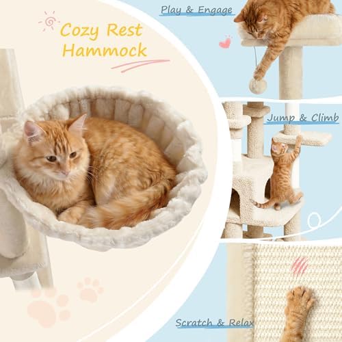 SHA CERLIN 82 inch, Multi-Level Cat Tree Tower for Indoor Cats, Cat Condo with Sisal Scratching Posts, Plush Perches, Hammocks, Toy Balls, Beige