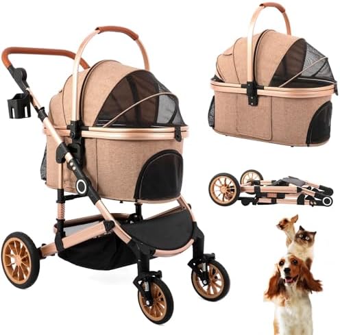 Bicystar Dog Stroller with Detachable Carrier, Rubber Wheels, 50 lbs, Tan