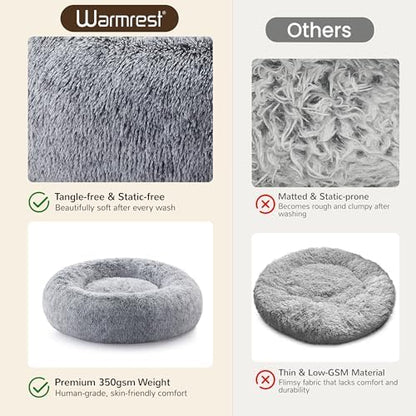 Donut Dog Bed Medium Size Dog 36 Inch, Round Cat Beds for Small Medium Dogs and Cats with Washable Fluffy Faux Fur, Cute Comfort Pet Bed with Anti-Slip Bottom, Grey