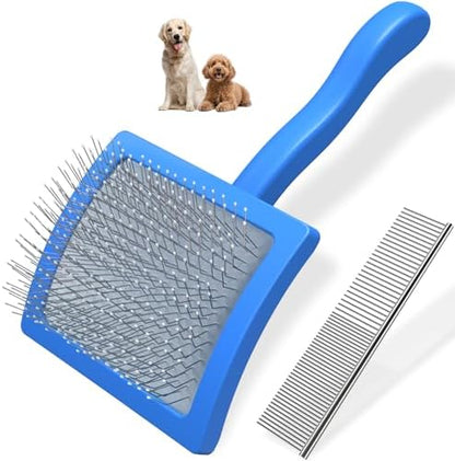 2PCS Slicker Brush for Dogs & Pet Comb,Professional Dog Grooming Brush (Goldendoodles,Poodles,Labradoodles) with Extra Long Pins to Effectively Remove Tangles, Knots and Mats (Blue, Gentle Large)