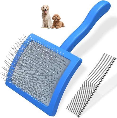 2PCS Slicker Brush for Dogs & Pet Comb,Professional Dog Grooming Brush (Goldendoodles,Poodles,Labradoodles) with Extra Long Pins to Effectively Remove Tangles, Knots and Mats (Blue, Gentle Large)