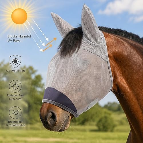 Horse Fly Mask, Super Comfort Fly Masks for Horses, Adjustable UV Protection Breathability Horses Fly Masks with Ears, Pony Mini Equine Fly Mask for Miniature Foal Draft Cob Srabian Full (Gray, XL)