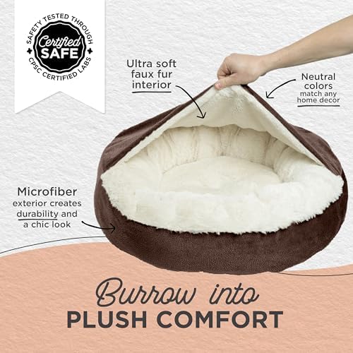 Best Friends by Sheri Cozy Cuddler Ilan Covered Cat and Dog Bed with Attached Blanket, Dark Brown, 24"x24"