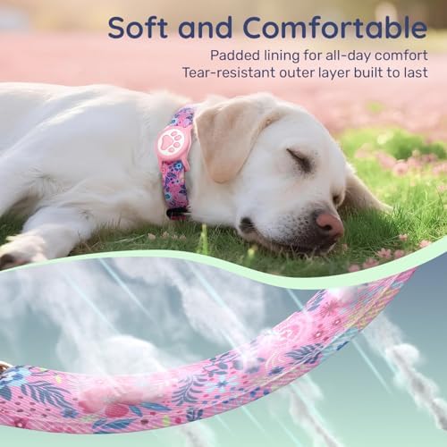 Airtag Dog Collar,with Waterproof airtag Holder，Original Stylish Cute Pattern Design.QR Code ID Buckle，Comfortable Soft Cotton for Small Medium Large Dogs
