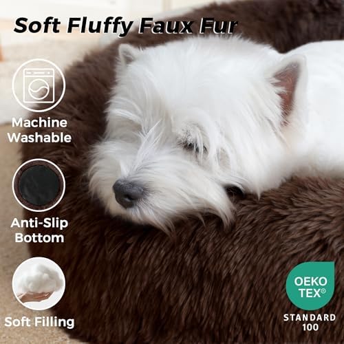 Calming Round Dog Bed & Cat Bed with Anti-Slip Bottom, Medium Size Washable Anti-Anxiety Donut Dog Beds for Small Dogs & Cats, Fluffy Plush Soft Dog Bed(24 Inch, Dark Brown)