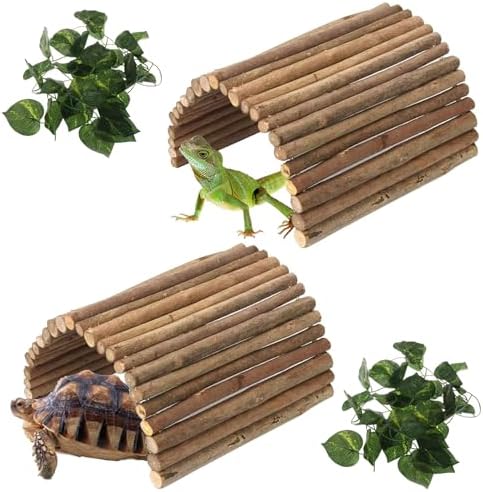 Hamiledyi 2 PCS Extra Large Wooden Reptile Hideout Bearded Dragon Bendy Bridge Climbing Ladder Hiding Hut Reptiles Hide Cave Habitat Decor for Lizards Gecko Spiders Snakes Tortoise(20" x 11.8")