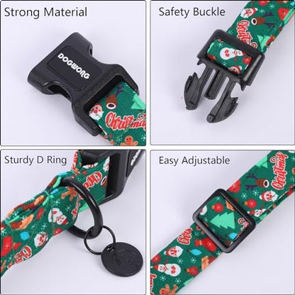 DOGWONG Christmas Cotton Dog Collar, Green Santa Christmas Dog Collar Durable Soft Fabric Pet Dog Collars Cute Puppy Necklace for Small Medium Large Dogs