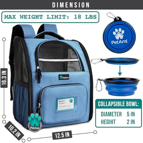 PetAmi Dog Backpack Carrier Airline Approved Cat Pet Puppy Bag, Light Blue