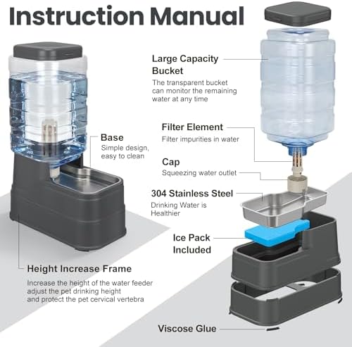 Automatic Dog Water Dispenser Gravity Stainless Steel Water Feeder Cat Waterer Feeder with Wide Mouth Bowl for Small Medium Dog Puppy Kitten (Filter &Ice Pack Included) 2.2Gallon Gray