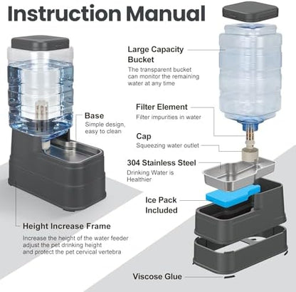 Automatic Dog Water Dispenser Gravity Stainless Steel Water Feeder Cat Waterer Feeder with Wide Mouth Bowl for Small Medium Dog Puppy Kitten (Filter &Ice Pack Included) 2.2Gallon Gray